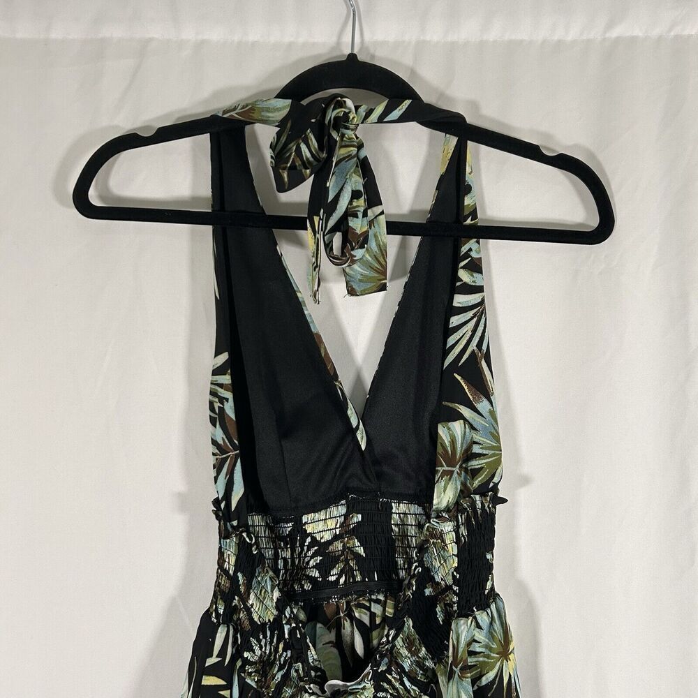 Madden NYC Mini Dress Women's Small Green Floral Smocked Sleeveless Tie Neck - Picture 5 of 9